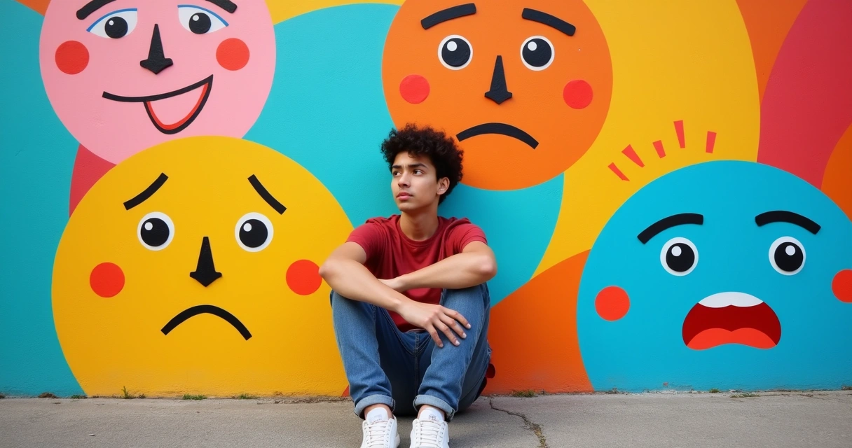Persona reflexionando frente a un mural colorido que representa emociones