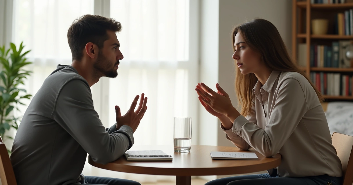 Dos personas conversan con calma en una mesa mientras gestionan emociones incómodas 