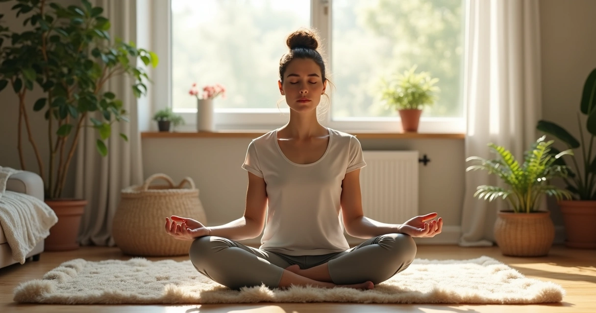 Persona con los ojos cerrados meditando en sala iluminada 