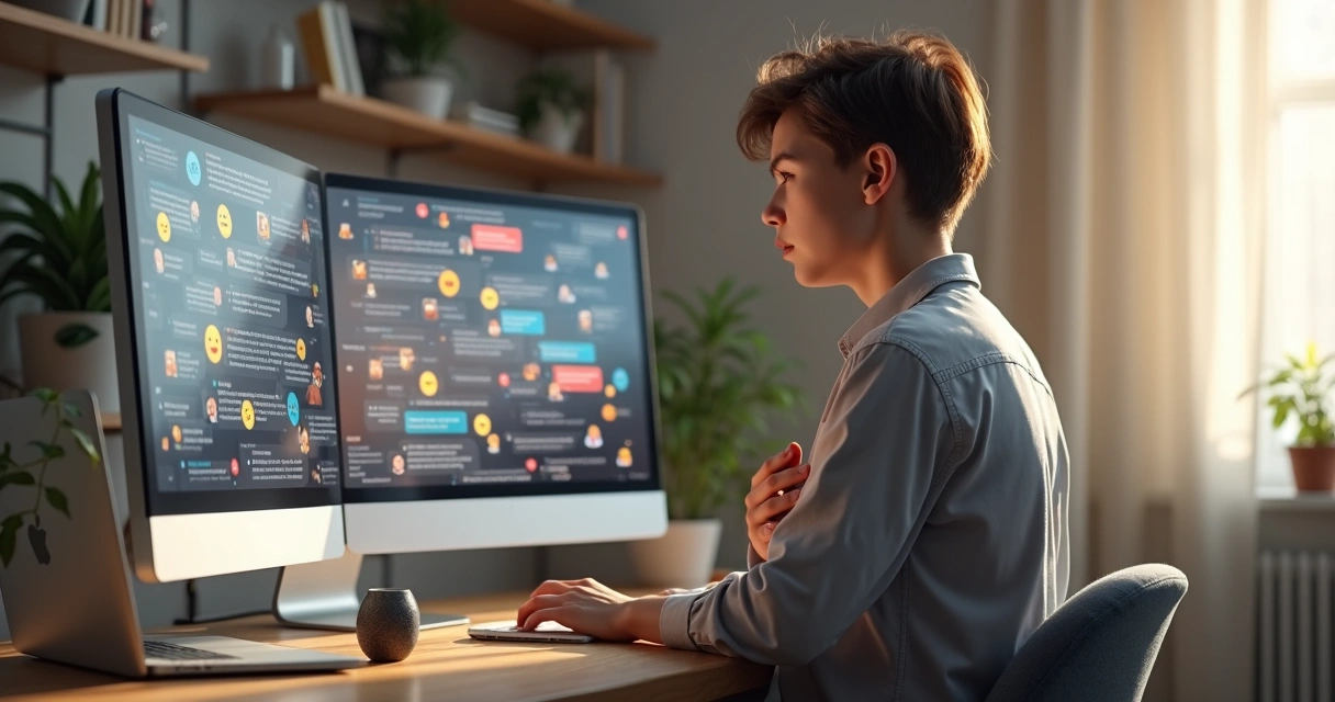 Persona mirando múltiples pantallas digitales con notificaciones mientras respira profundo y se autorregula 
