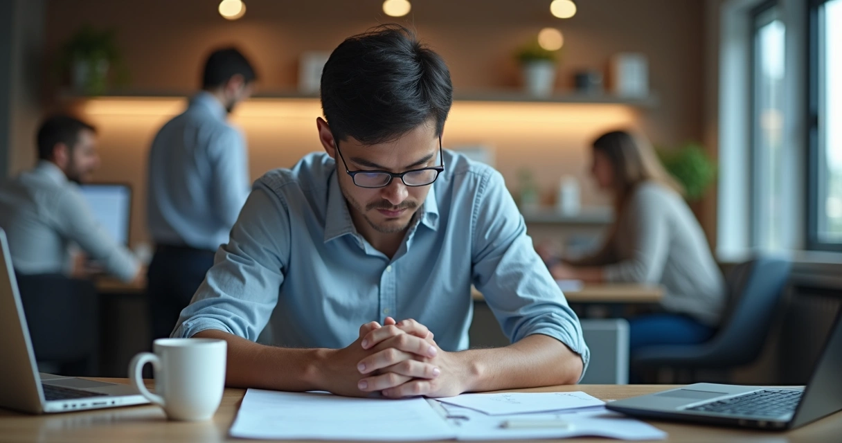 Persona reflexionando sobre emociones en oficina moderna 