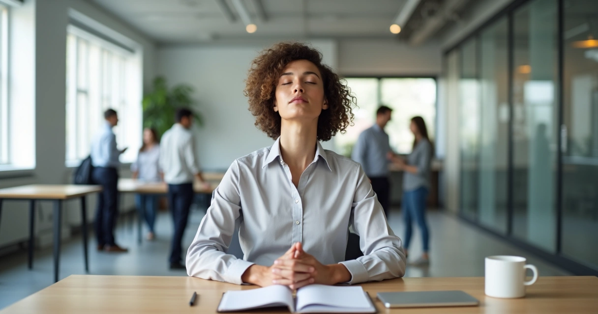 Profesional sentado en oficina gestionando emociones con respiración consciente 