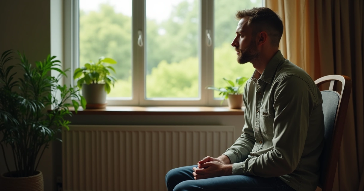 Hombre sentado tranquilo junto a ventana observando la naturaleza, con expresión relajada 