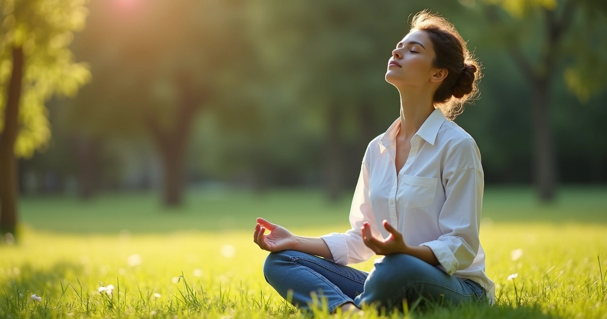 Persona sentada en parque con los ojos cerrados, respirando profundo 