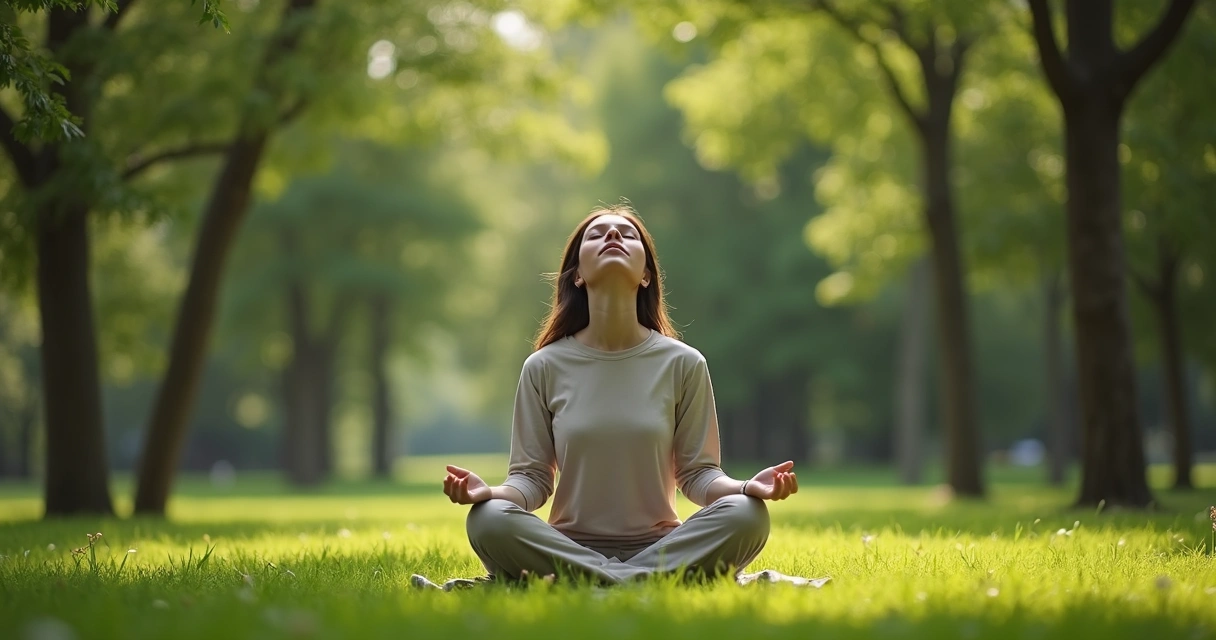 Persona sentada en la naturaleza, respirando profundamente 