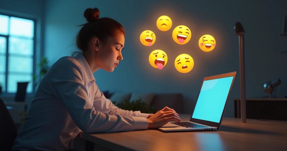 Persona usando una laptop y rodeada de íconos digitales emocionales
