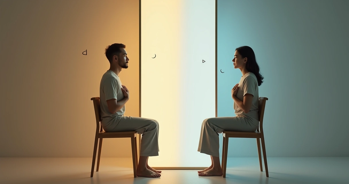 Persona reflexionando frente a su reflejo con luces cálidas y frías 