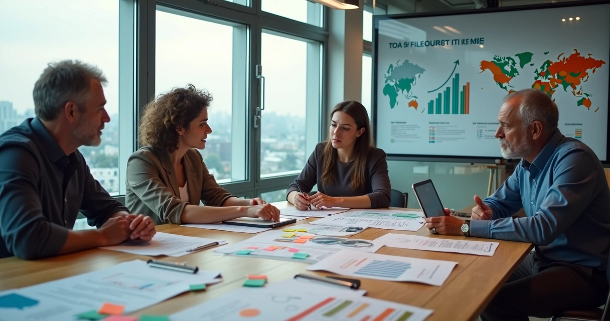 Equipo diverso analizando gráficos de impacto social con ciudad al fondo 