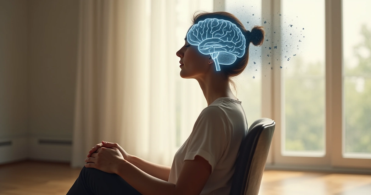 Persona sentada con silueta de mente iluminada observando pensamientos nublados en calma 