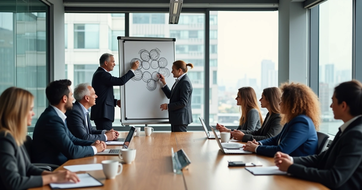 Grupo de servidores públicos debatiendo en sala moderna 