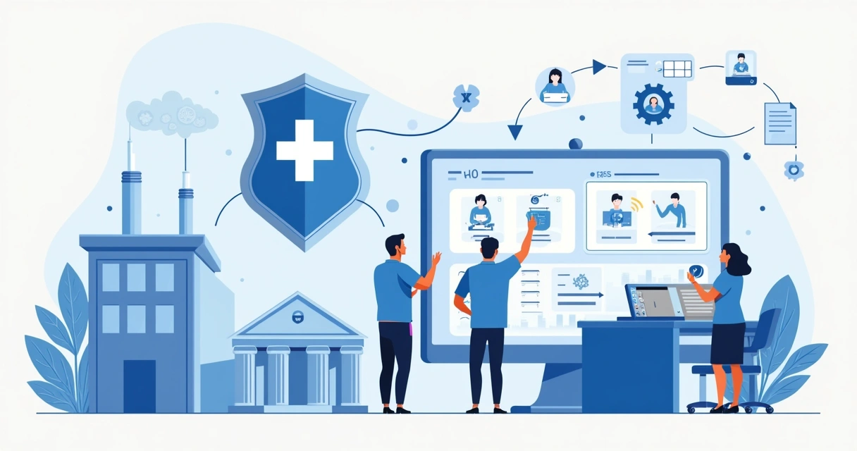 Ilustración plana de equipo de recursos humanos conectando seguros sociales con la empresa 
