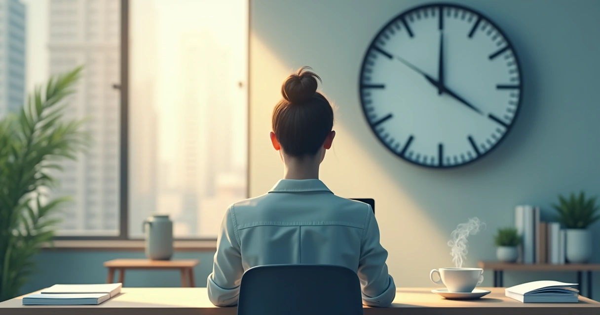 Persona sentada en escritorio con reloj grande al fondo.