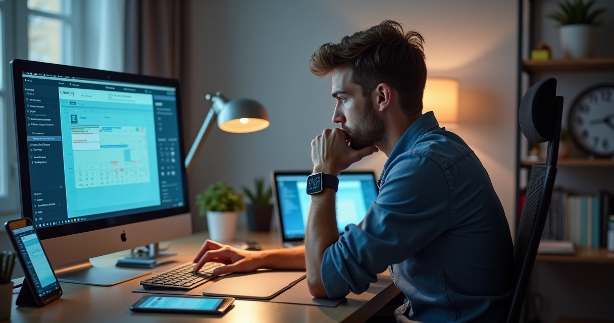 Persona sentada en escritorio rodeada de pantallas y dispositivos digitales.