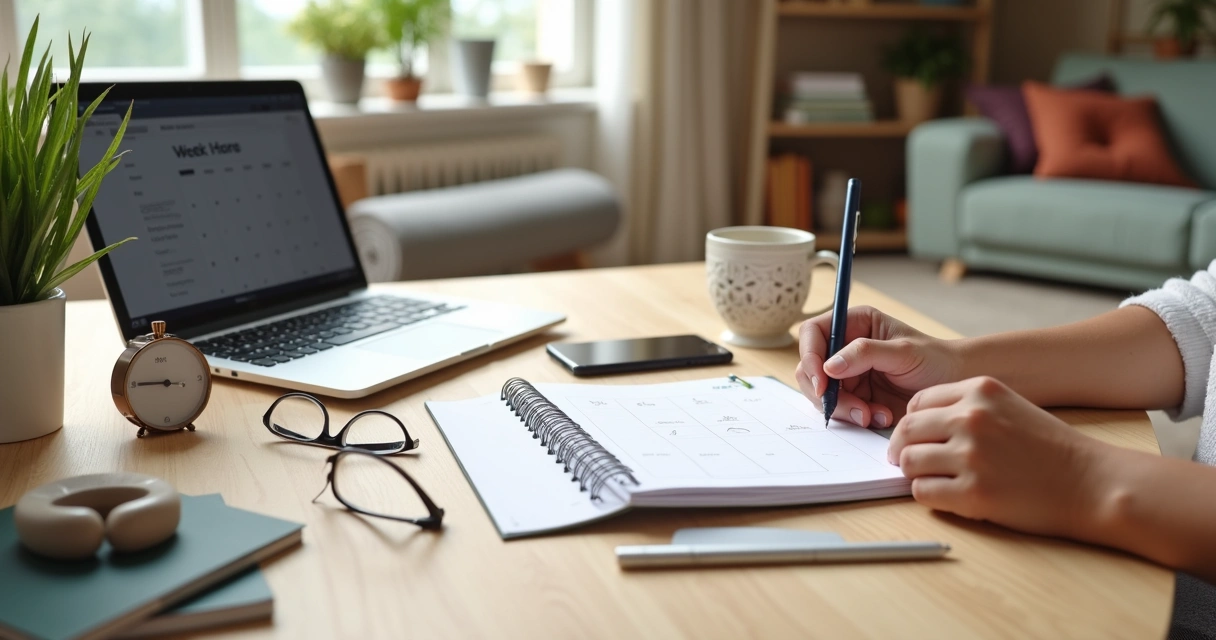 Persona organizando su tiempo con agenda y elementos de bienestar personal 
