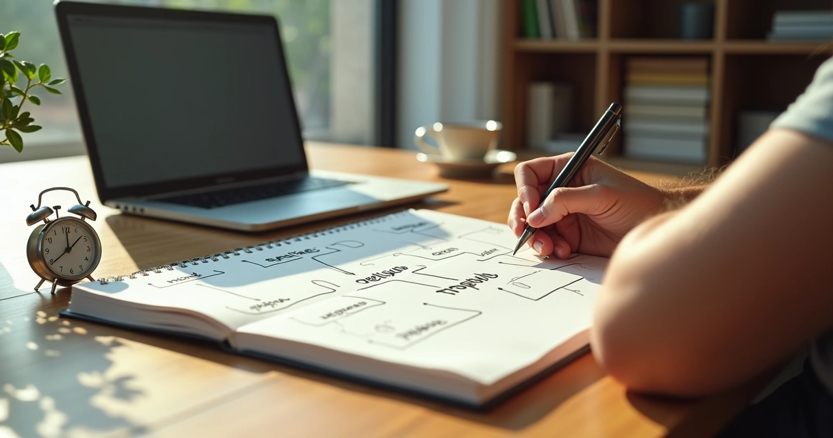 Persona organizando su tiempo con enfoque sistémico en escritorio ordenado 