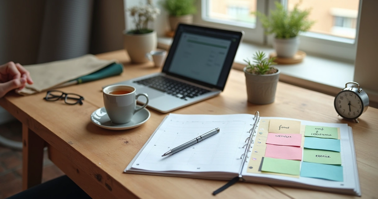 Persona organizando su tiempo con calendario, reloj y elementos de bienestar personal 