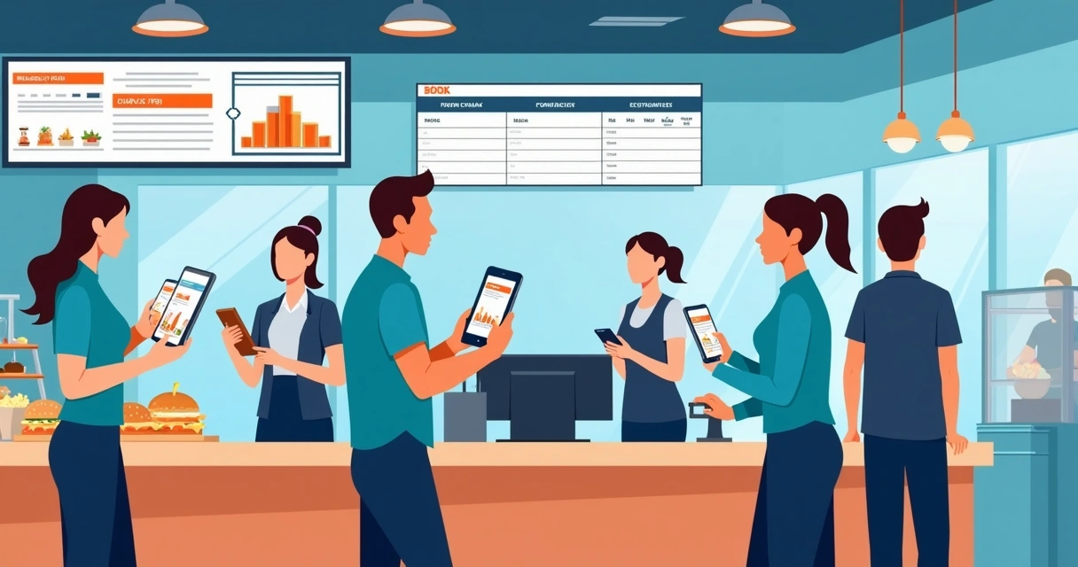 Gestión de turnos en franquicia con empleados usando app en tablet 