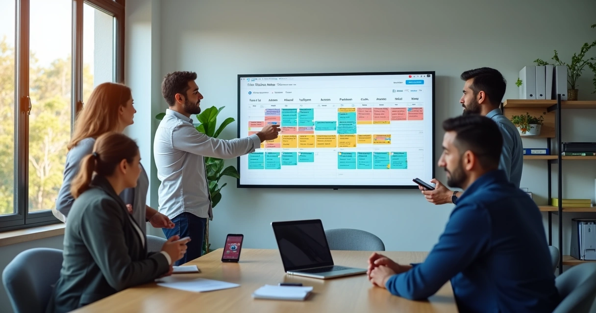 Equipo de trabajo en pyme paraguaya revisando un calendario de turnos rotativos en la oficina 