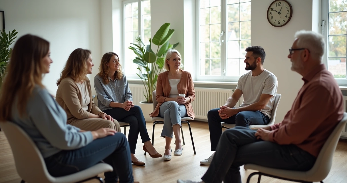 Grupo de personas sentadas en círculo compartiendo emociones y escuchando en un entorno luminoso 