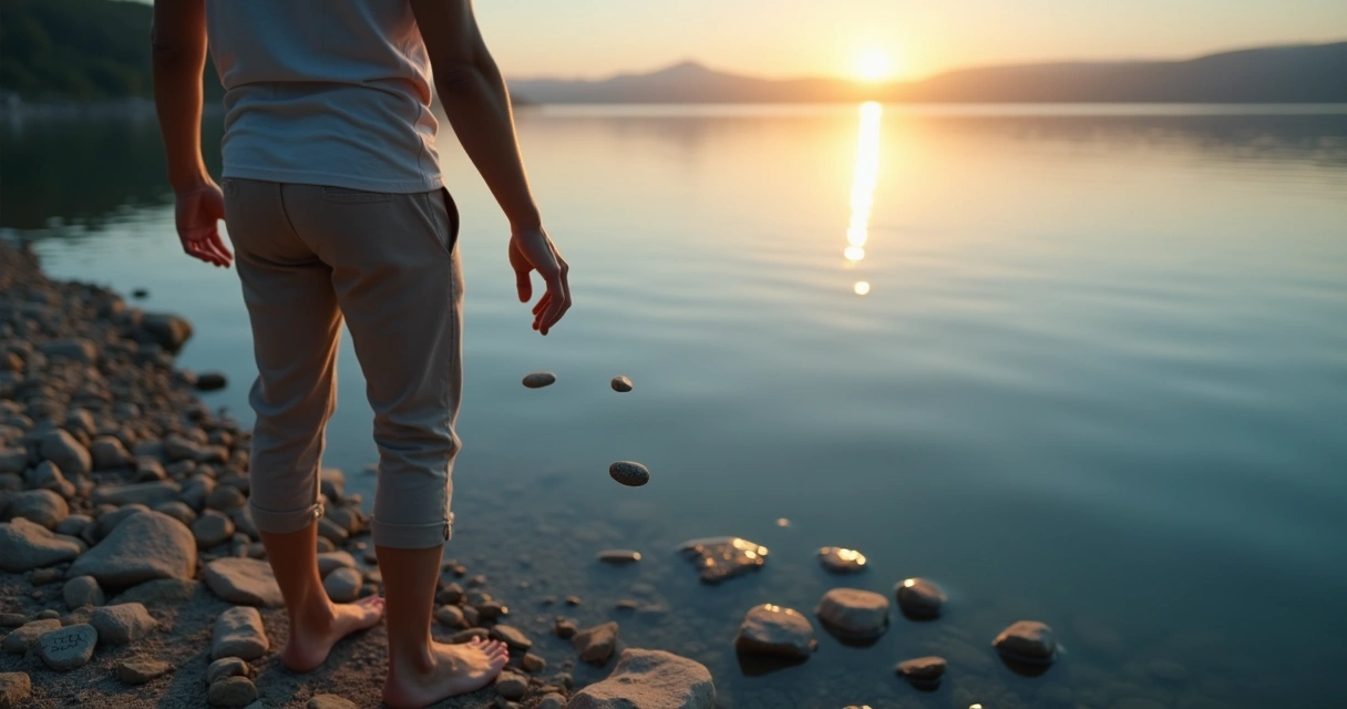 Persona soltando piedras en la orilla mientras observa el horizonte claro 
