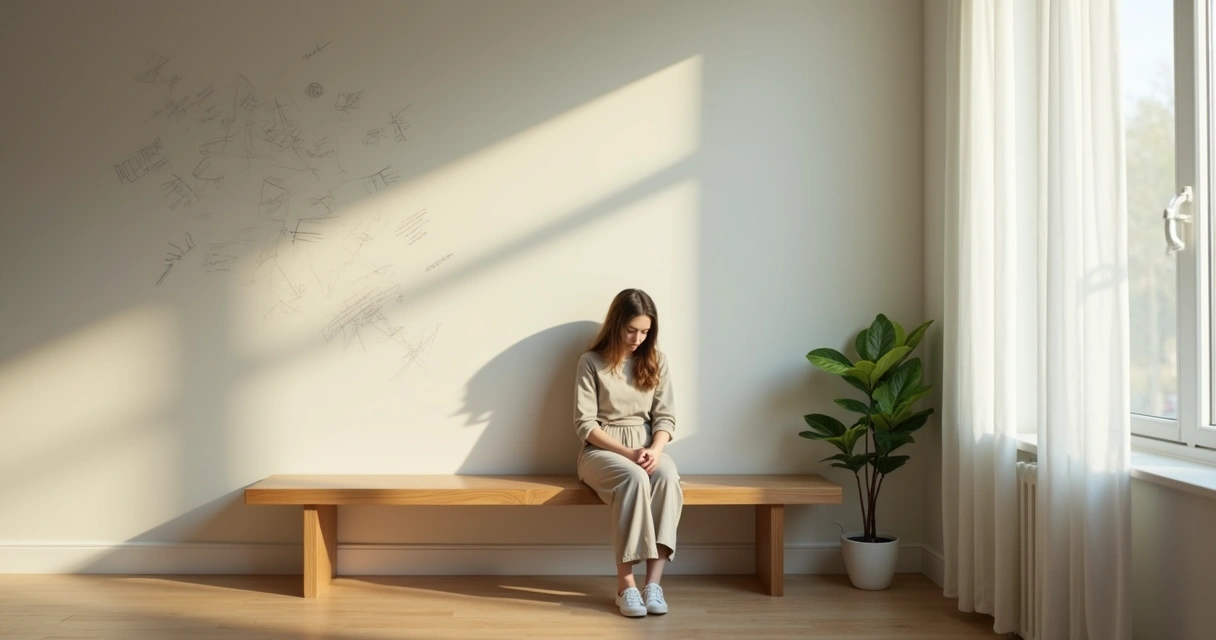 Persona reflexionando con equilibrio entre culpa y autoexigencia en un entorno tranquilo 