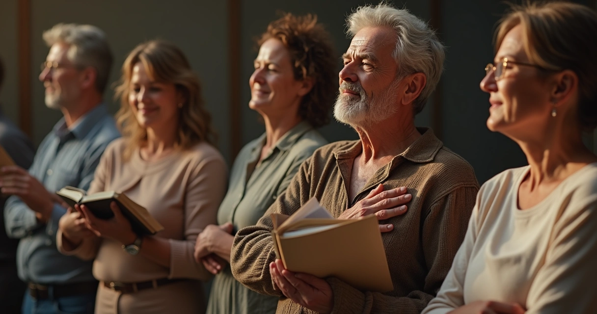 Grupo de personas en una sala, cada una gestionando sus emociones, algunos abrazando una libreta, otros tocándose el pecho, ambiente de respeto, luz natural y tonos tierra.