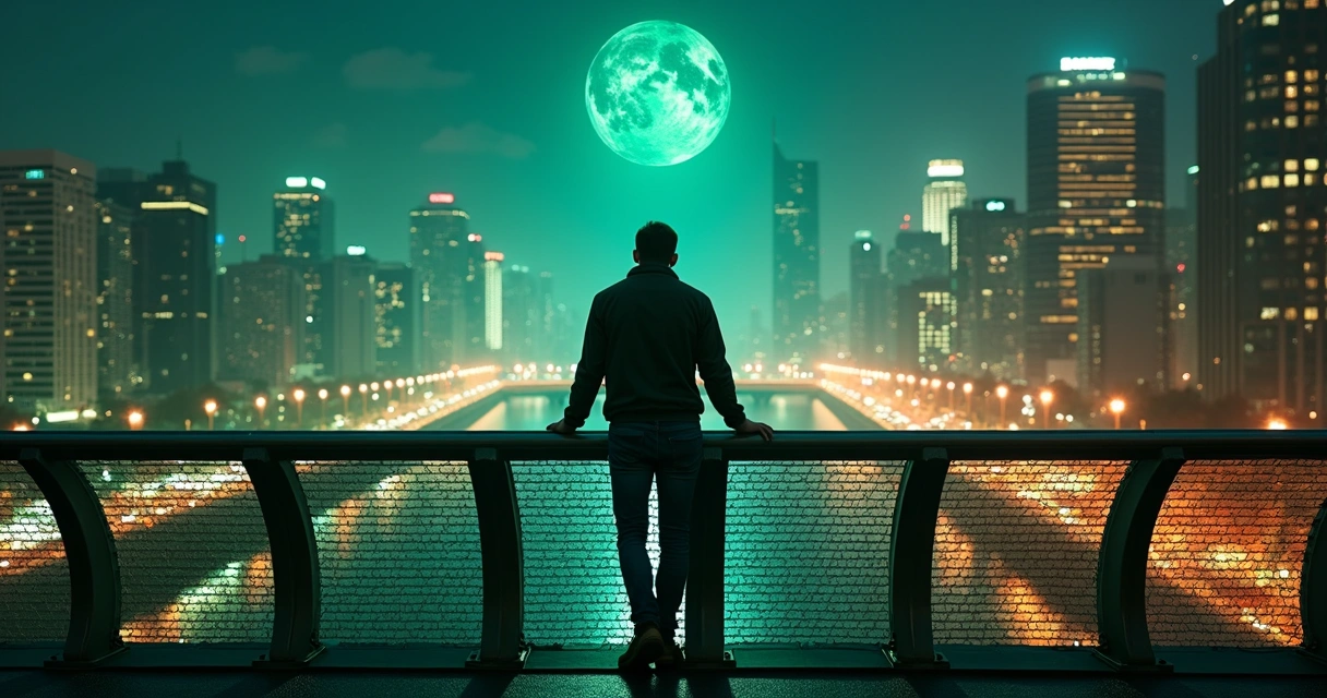 Persona contemplando luces verdes desde un puente urbano nocturno 