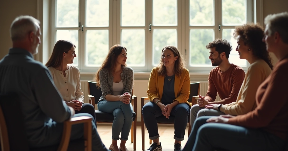 Grupo de personas en círculo, compartiendo emociones en un ambiente seguro 