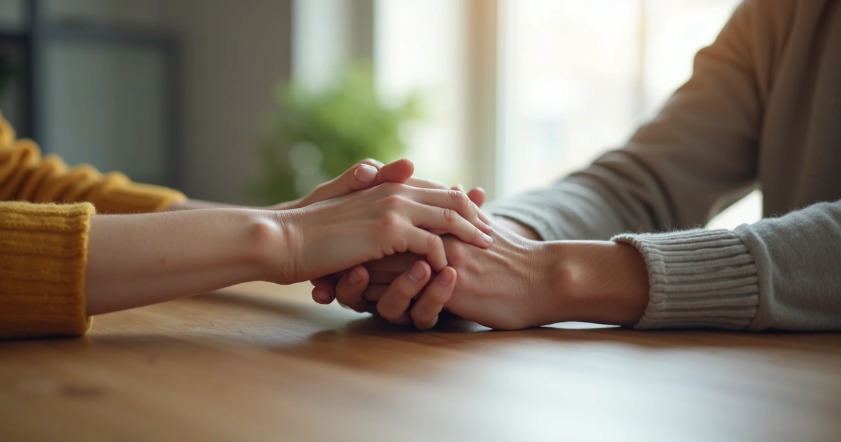 Pareja tomándose de las manos sobre una mesa 