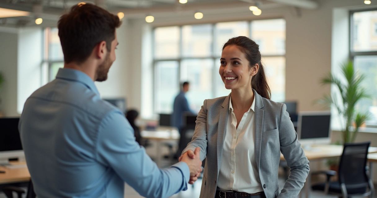 Dois colegas de trabalho trocando gesto amistoso no escritório. 