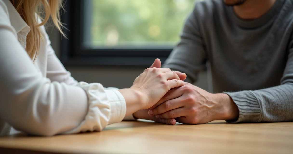 Mãos próximas em gesto de apoio e escuta 
