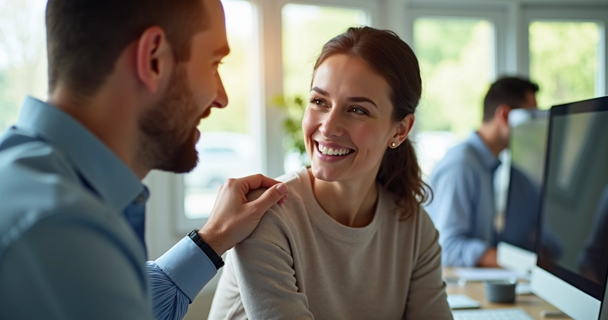 Compañero de trabajo sonriente dando apoyo con un gesto en el hombro 