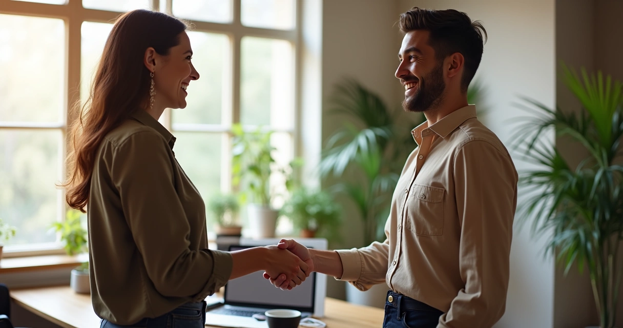 Colegas trocando um aperto de mão sorridente. 