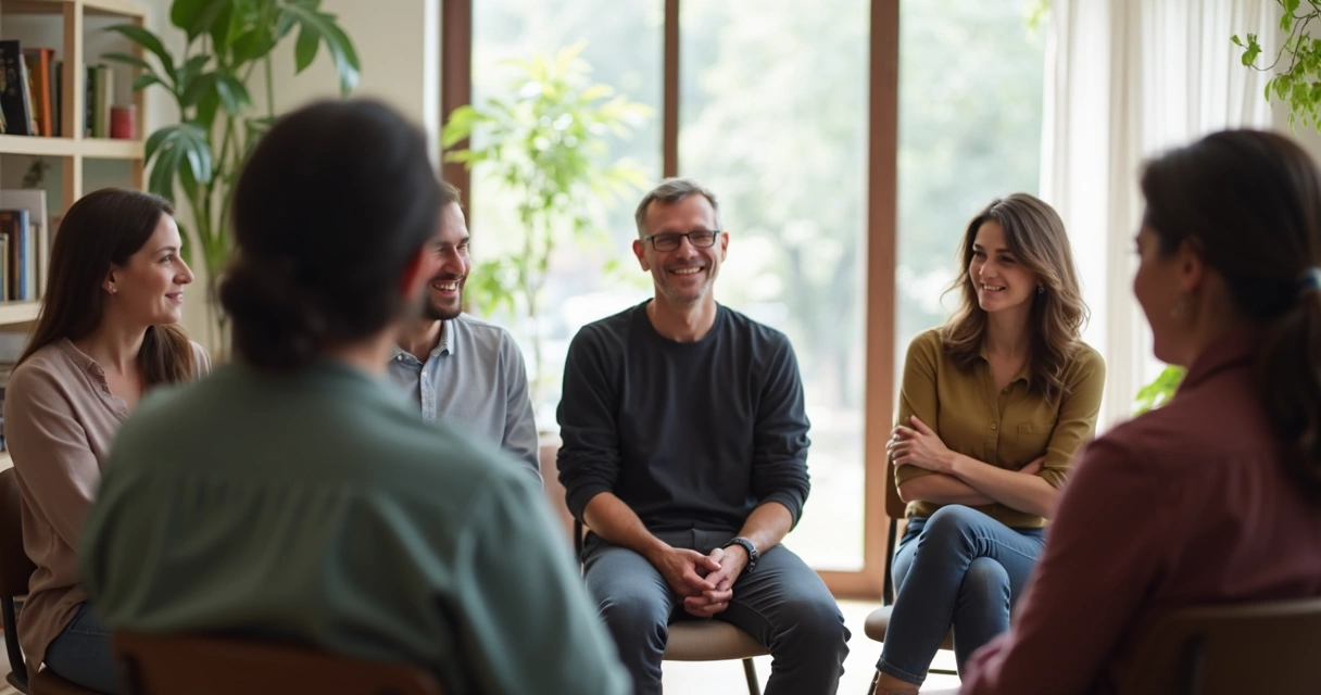 Grupo diverso sentado em círculo escutando com atenção 