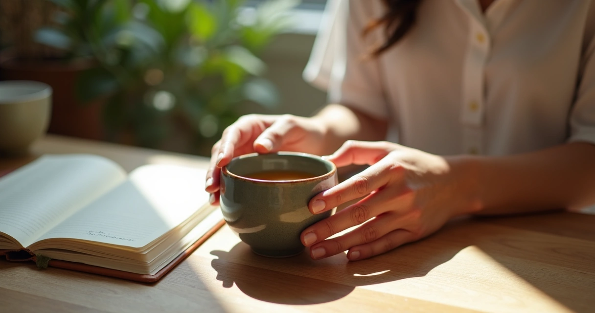 Mãos servindo chá em mesa simples com caderno ao lado 