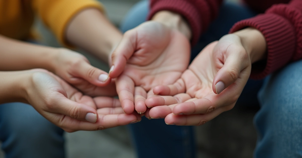 Mãos oferecendo ajuda a uma pessoa sentada, mostrando gesto de compaixão 