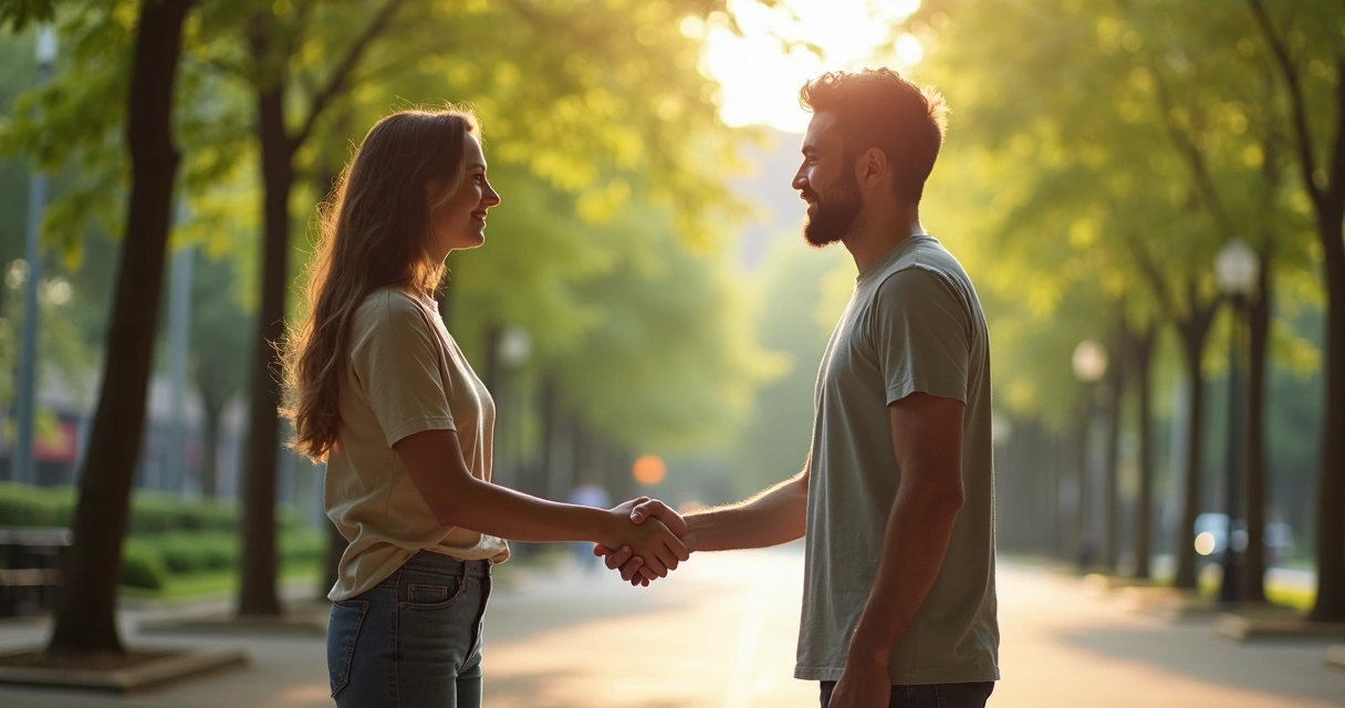 Duas pessoas se cumprimentando gentilmente, olhando-se nos olhos com respeito em um parque urbano 
