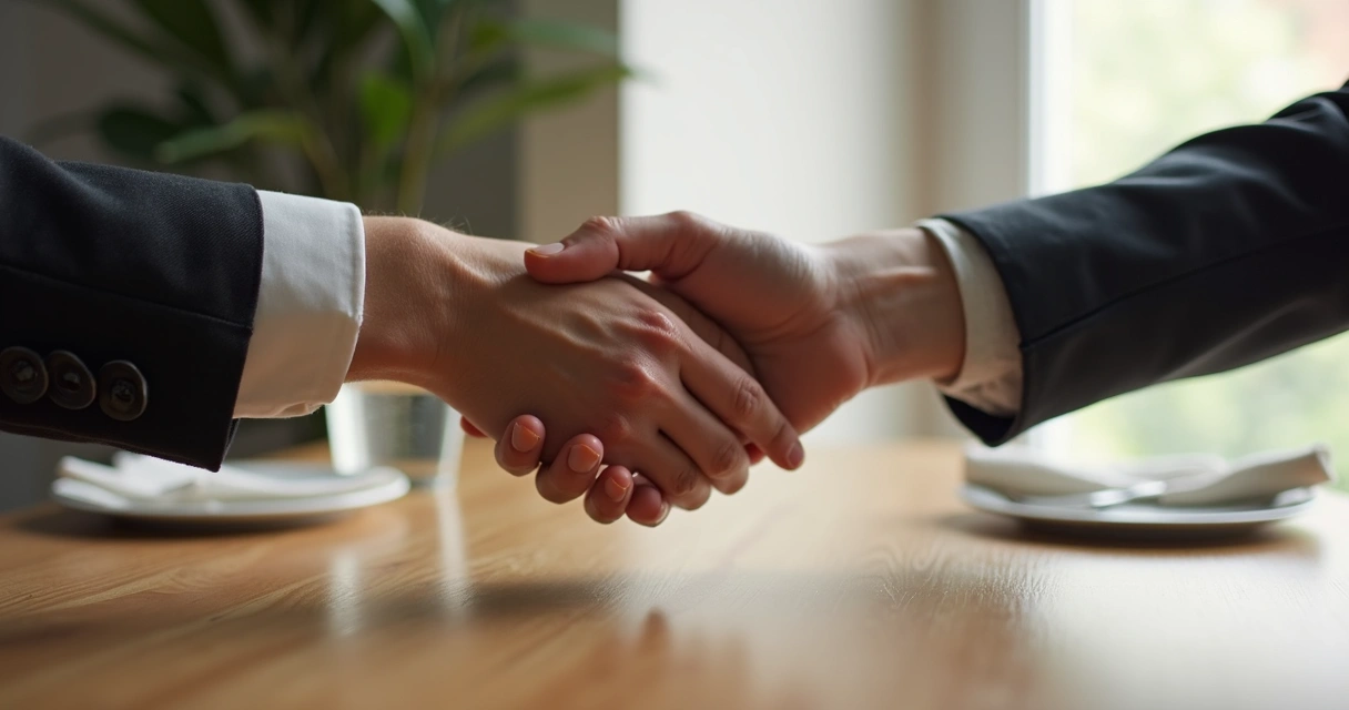 Mãos se aproximando em gesto de reconciliação sobre mesa