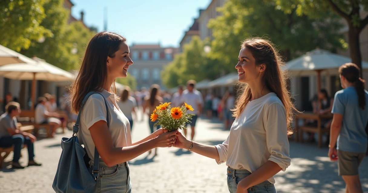 Pessoa entregando flores para outra em praça movimentada 