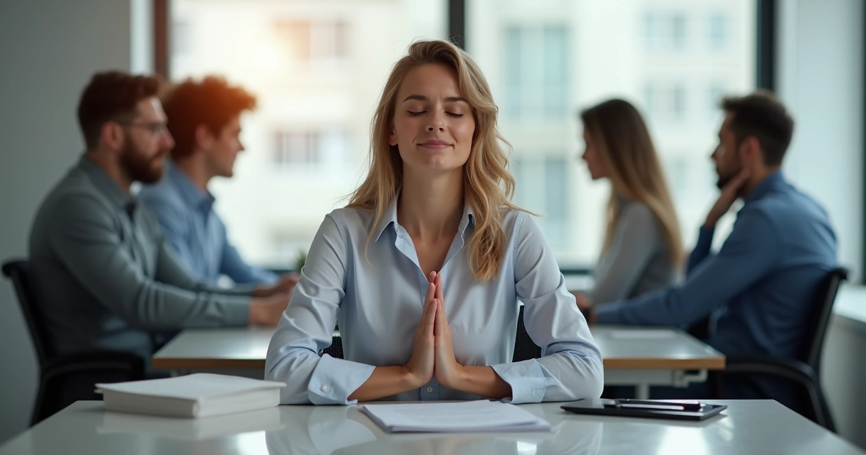 Pessoa em ambiente de escritório respirando fundo, com expressão de calma após uma situação tensa 