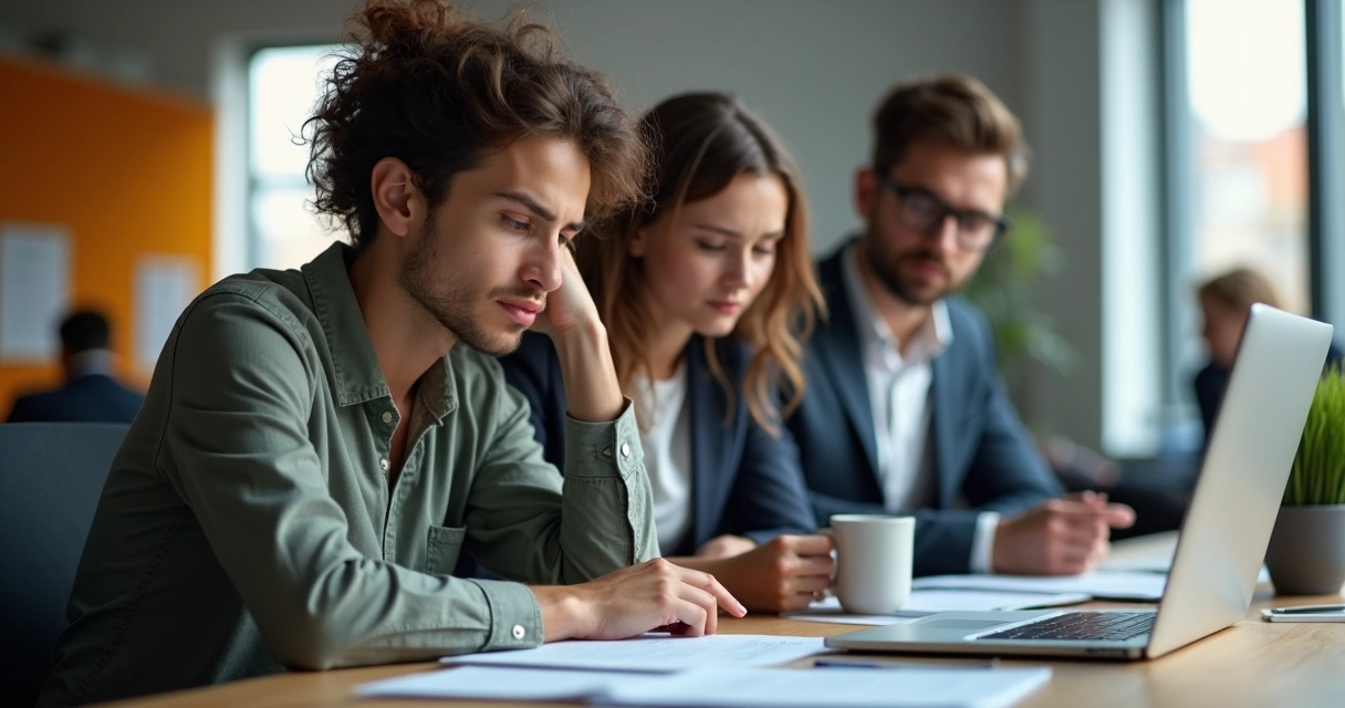 Colega de trabalho oferecendo ajuda a outro em estação de trabalho. 