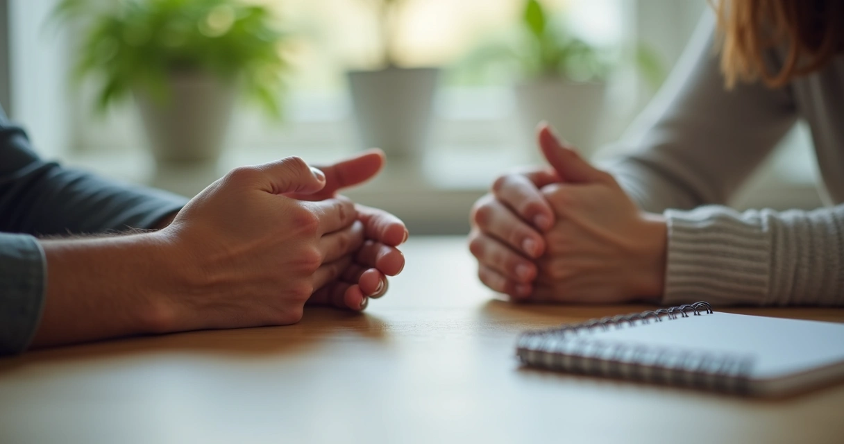 Mãos abertas durante conversa de escuta