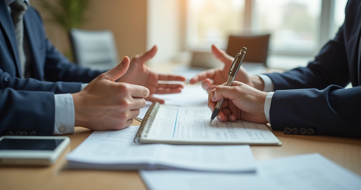 Mãos abertas e caderno em mesa durante conversa profissional