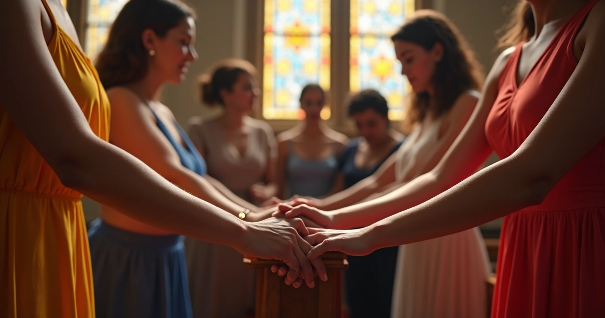 Mãos dadas em gesto de gratidão em igreja 