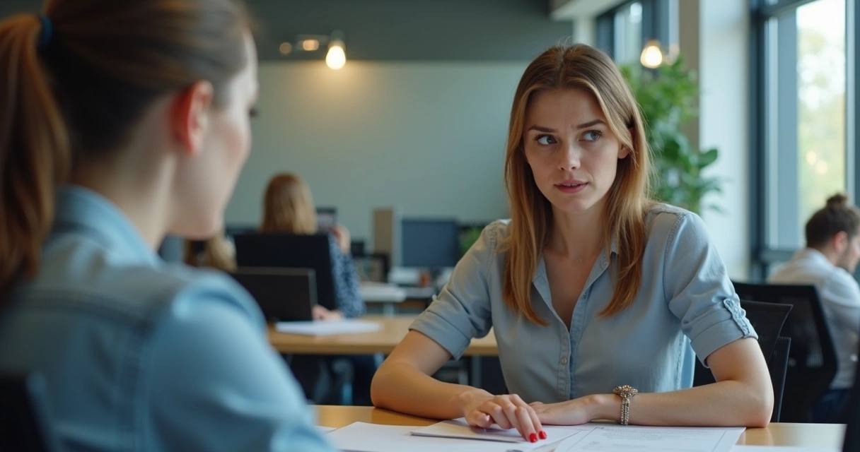 Pessoa em escritório fazendo gesto indireto com expressão ambígua 