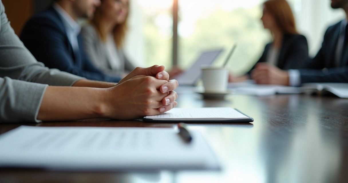Mãos sobre mesa em gesto de escuta e direção