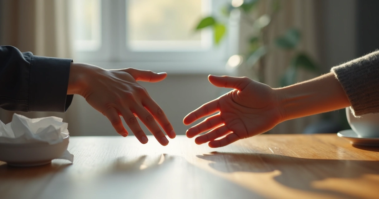 Manos acercándose en un gesto de reconciliación sobre una mesa 