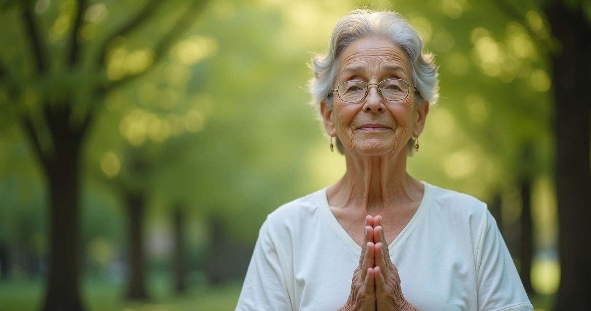Persona con gesto sereno y expresión reflexiva, rodeada de un entorno natural tranquilo
