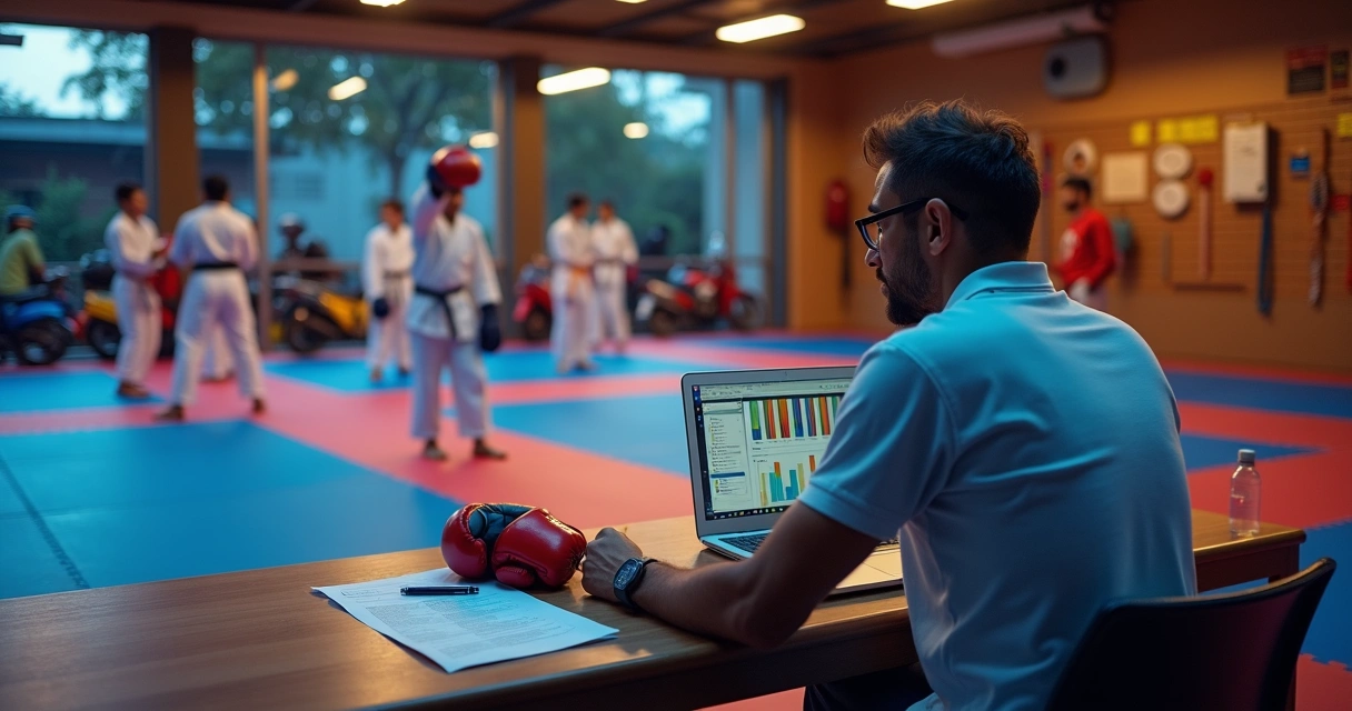 Dono de academia de artes marciais analisando planilha ao lado do tatame 