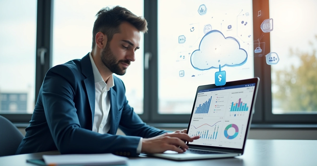 Gestor acessando sistema financeiro na nuvem em notebook